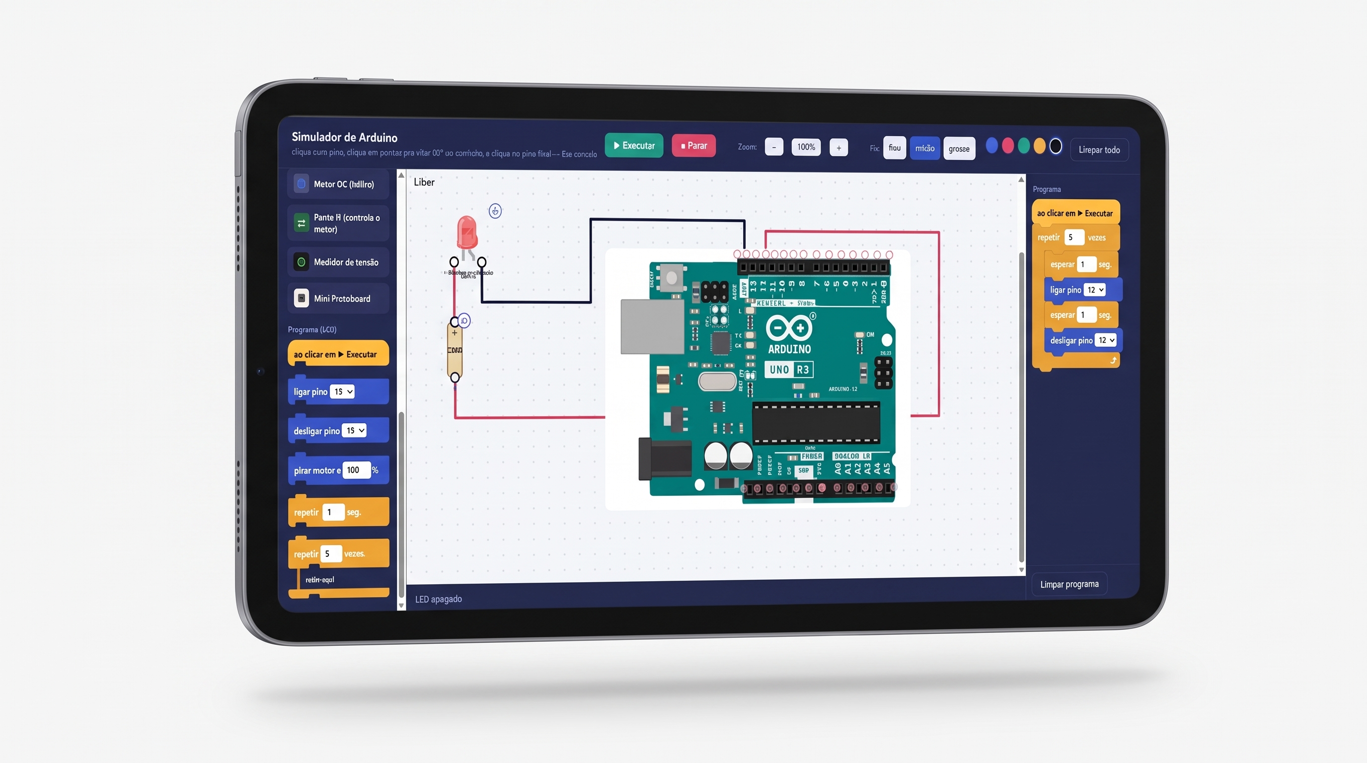 Tablet mostrando o simulador de Arduino com circuito e blocos